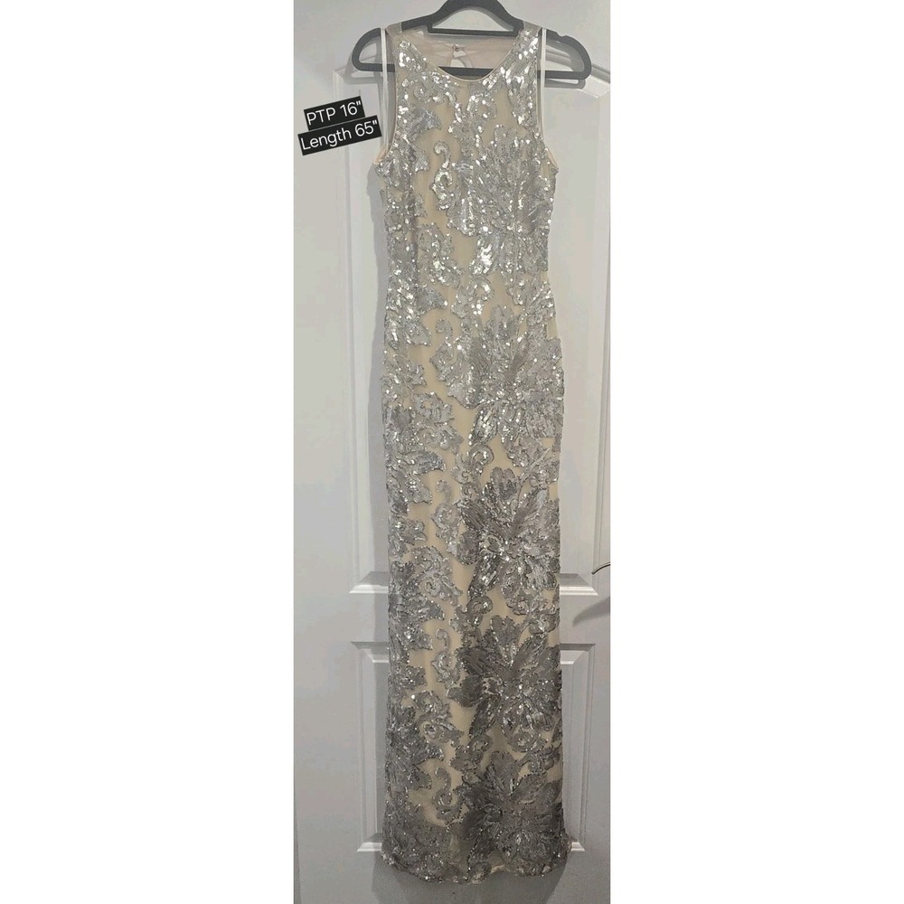 Betsy And Adam Full Length Silver‎ Sequin Gown Size 4 Small Callout*